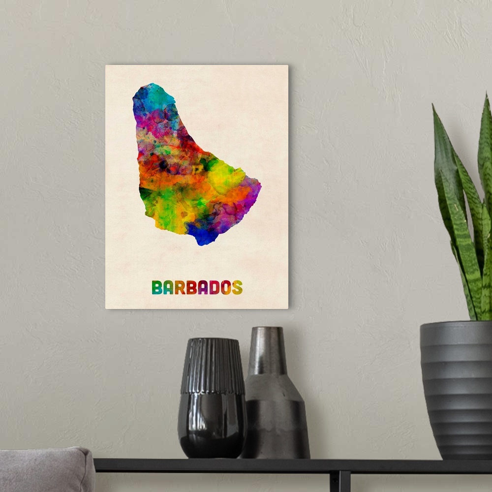 A modern room featuring A watercolor map of Barbados.