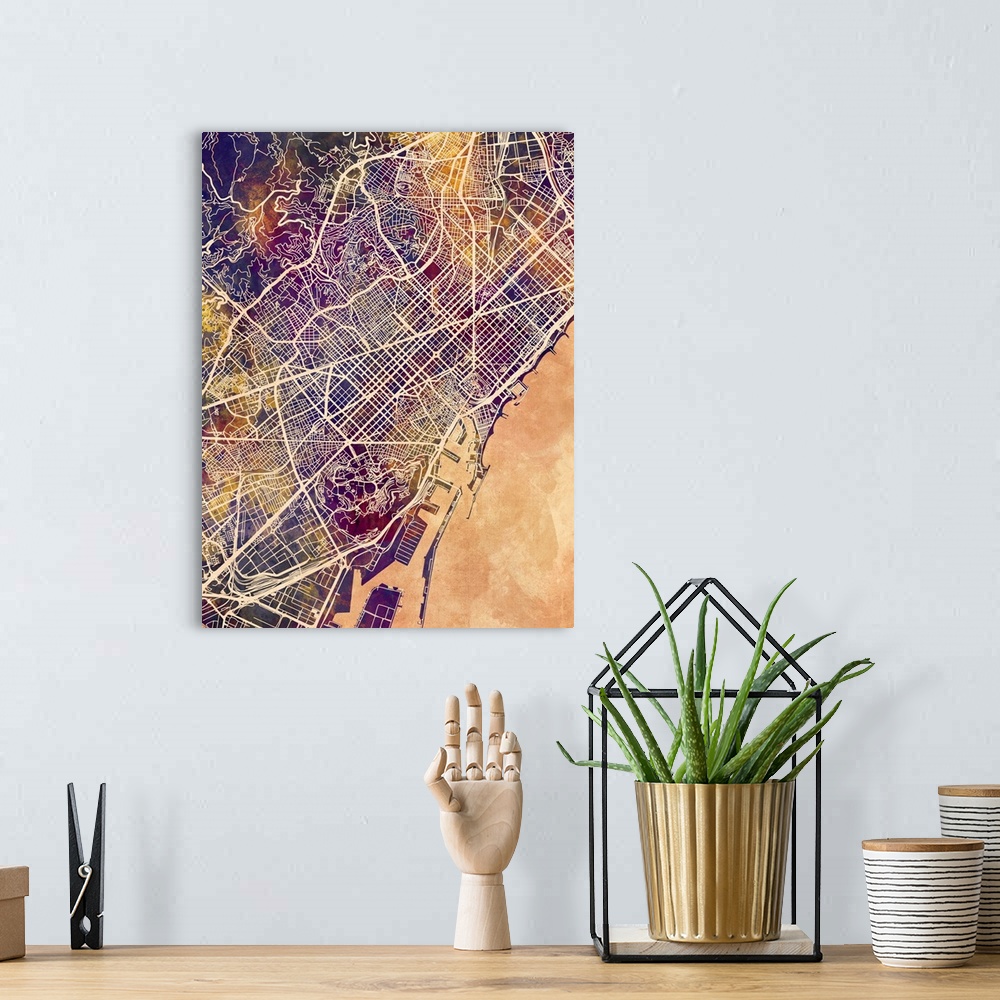 A bohemian room featuring Watercolor street map of Barcelona, Spain.