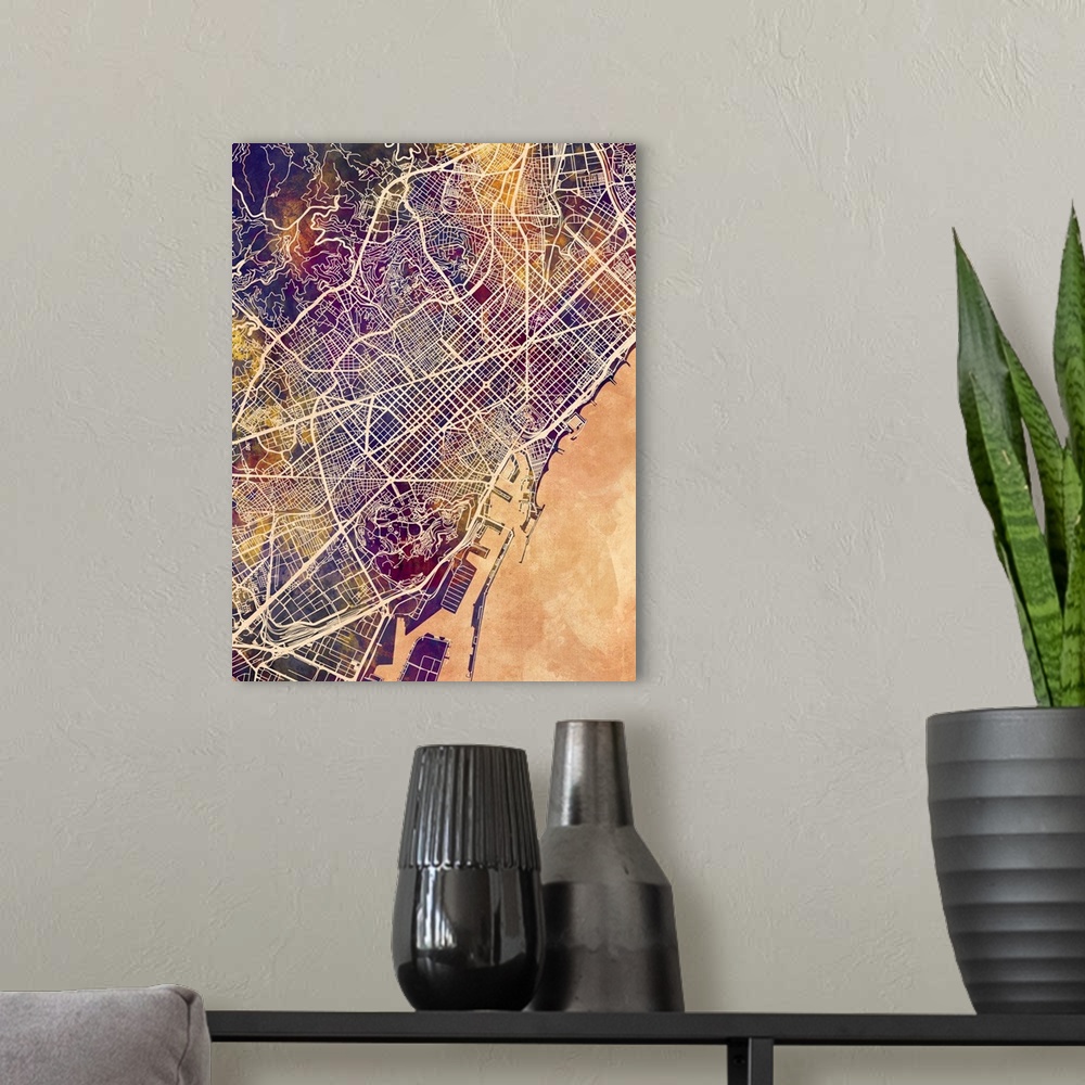 A modern room featuring Watercolor street map of Barcelona, Spain.