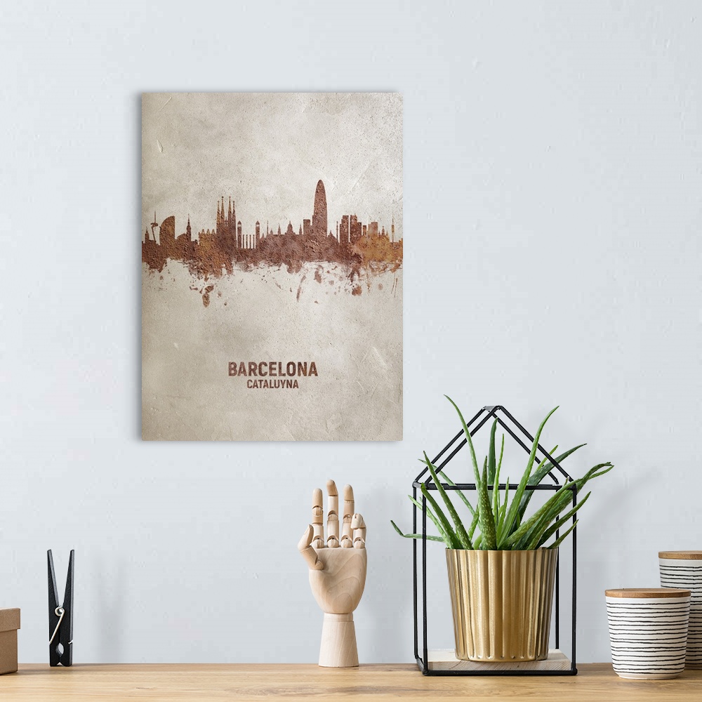 A bohemian room featuring Art print of the skyline of Barcelona, Spain. Rust on concrete.