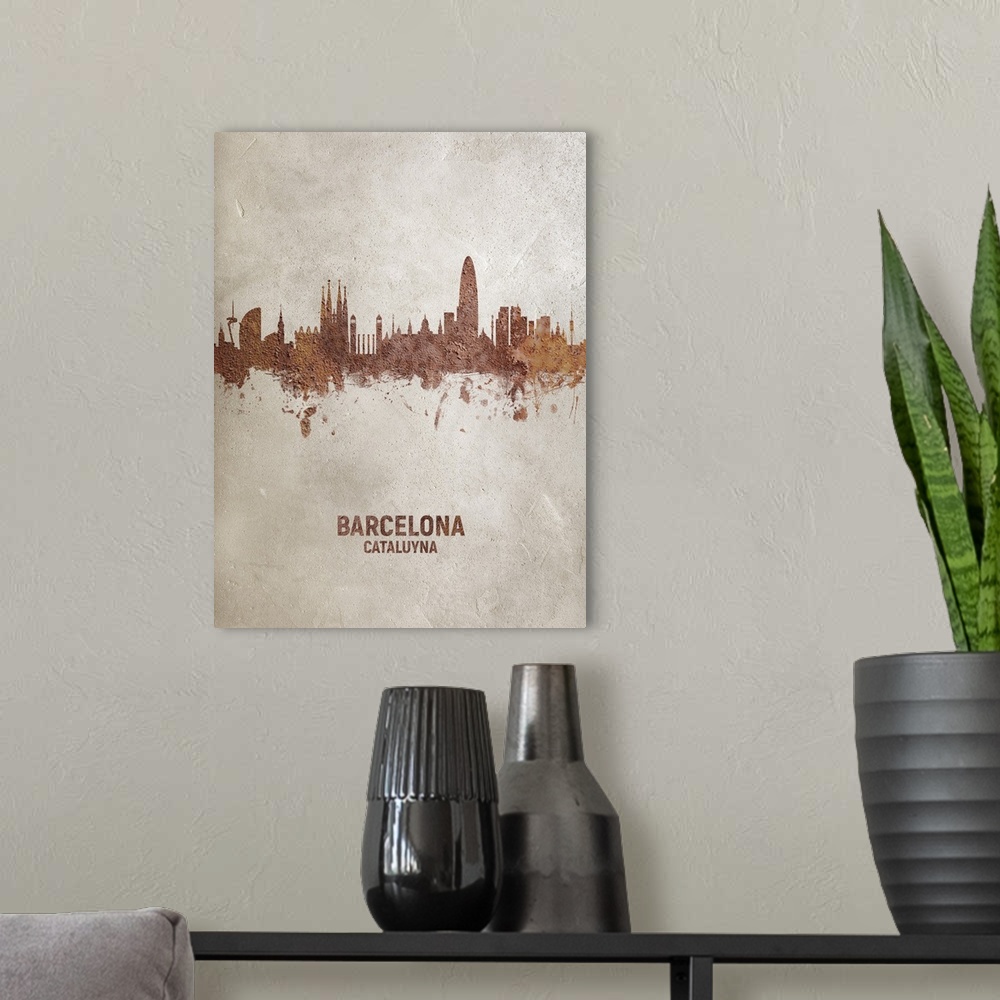 A modern room featuring Art print of the skyline of Barcelona, Spain. Rust on concrete.