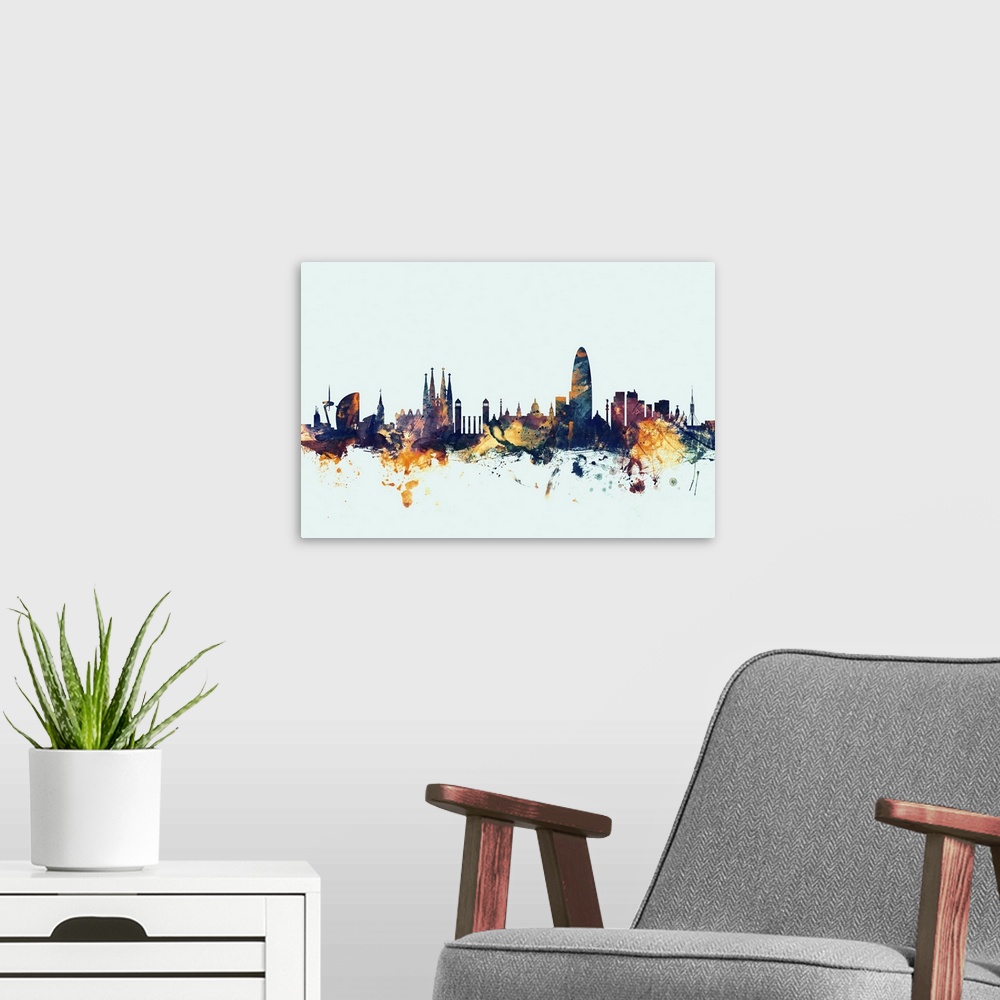 A modern room featuring Dark watercolor silhouette of the Barcelona city skyline against a light blue background.