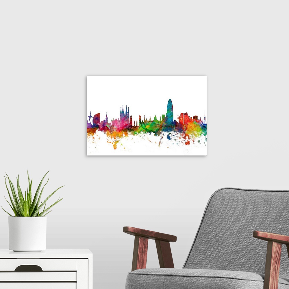 A modern room featuring Contemporary piece of artwork of the Barcelona skyline made of colorful paint splashes.