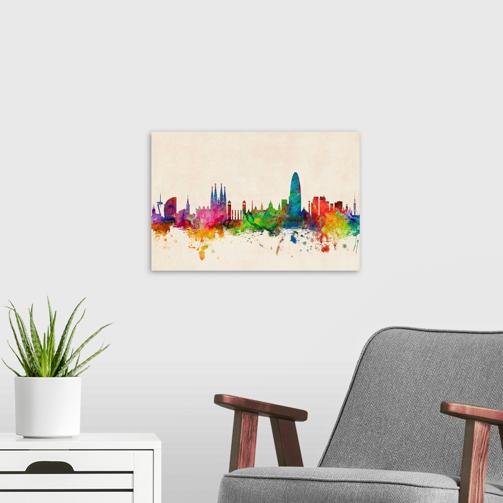 A modern room featuring Contemporary piece of artwork of the Barcelona skyline made of colorful paint splashes.