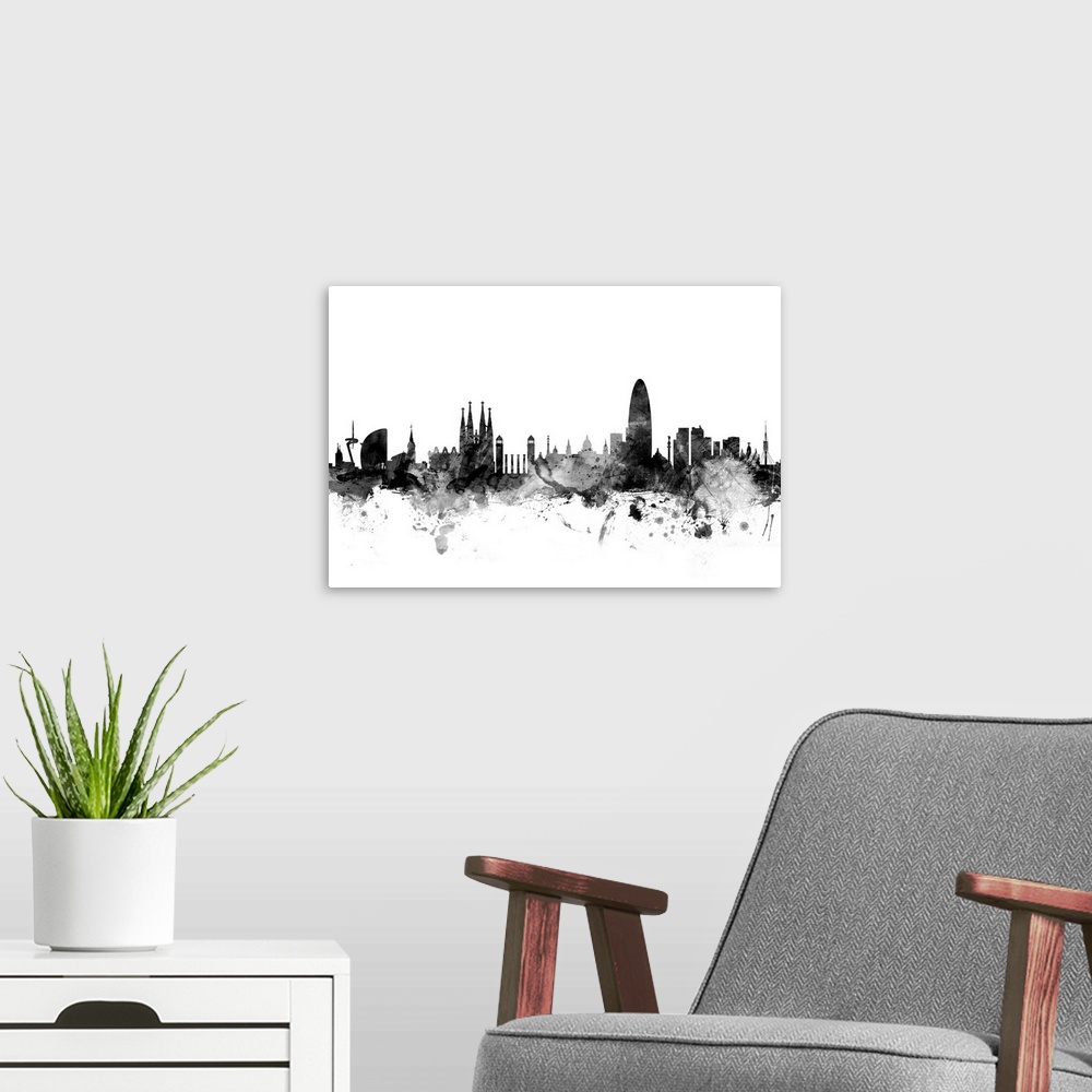 A modern room featuring Contemporary artwork of the Barcelona city skyline in black watercolor paint splashes.