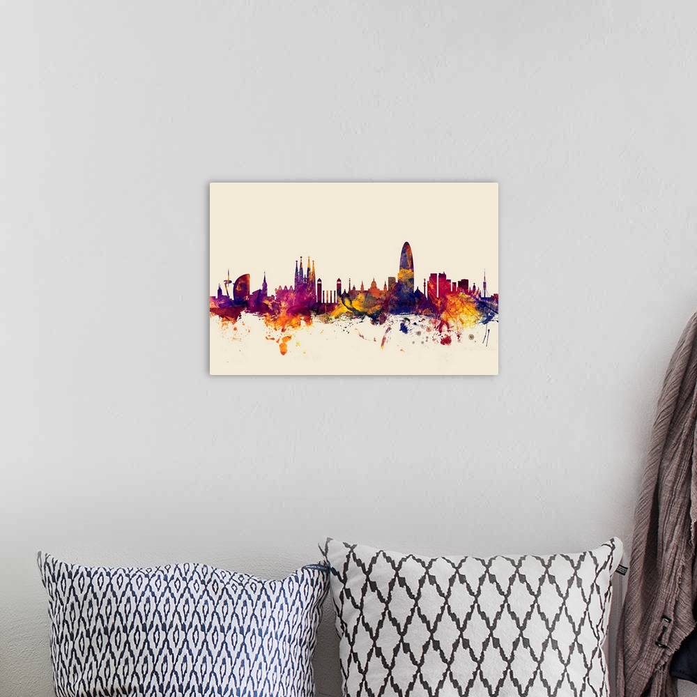 A bohemian room featuring Contemporary artwork of the Barcelona city skyline in watercolor paint splashes.