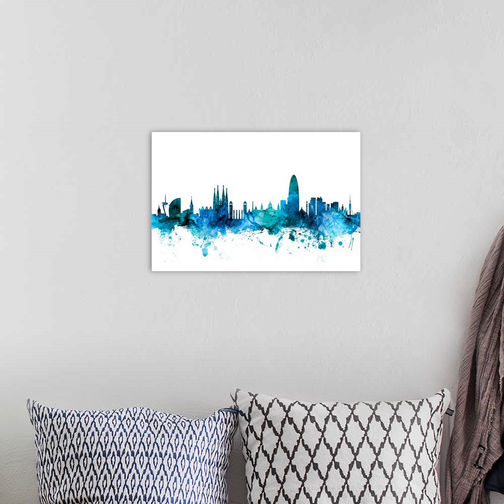 A bohemian room featuring Watercolor art print of the skyline of Barcelona, Spain.