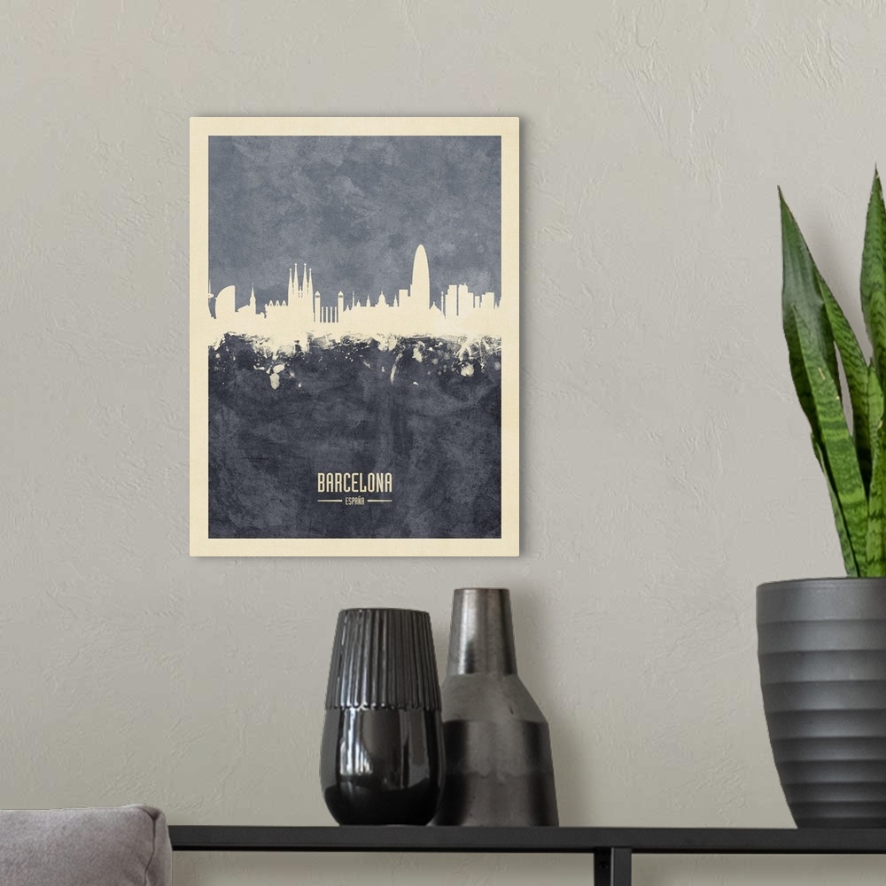 A modern room featuring Watercolor art print of the skyline of Barcelona, Spain