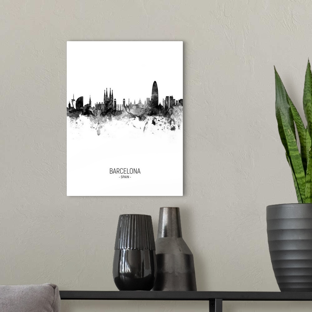 A modern room featuring Watercolor art print of the skyline of Barcelona, Spain