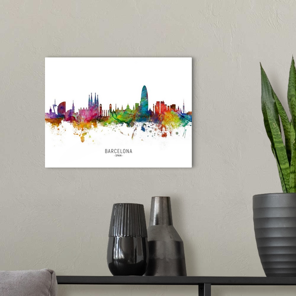A modern room featuring Watercolor art print of the skyline of Barcelona, Spain.