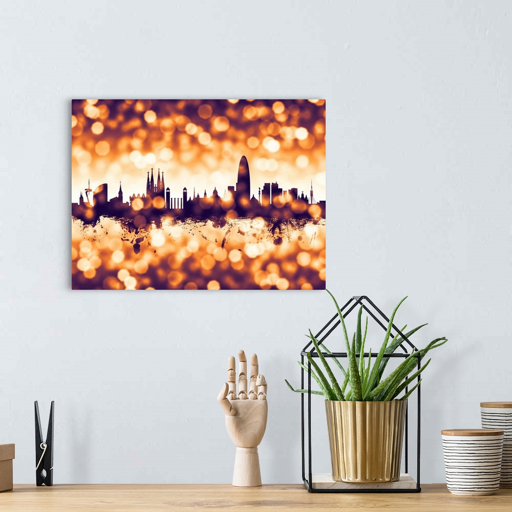 A bohemian room featuring Watercolor art print of the skyline of Barcelona, Spain.