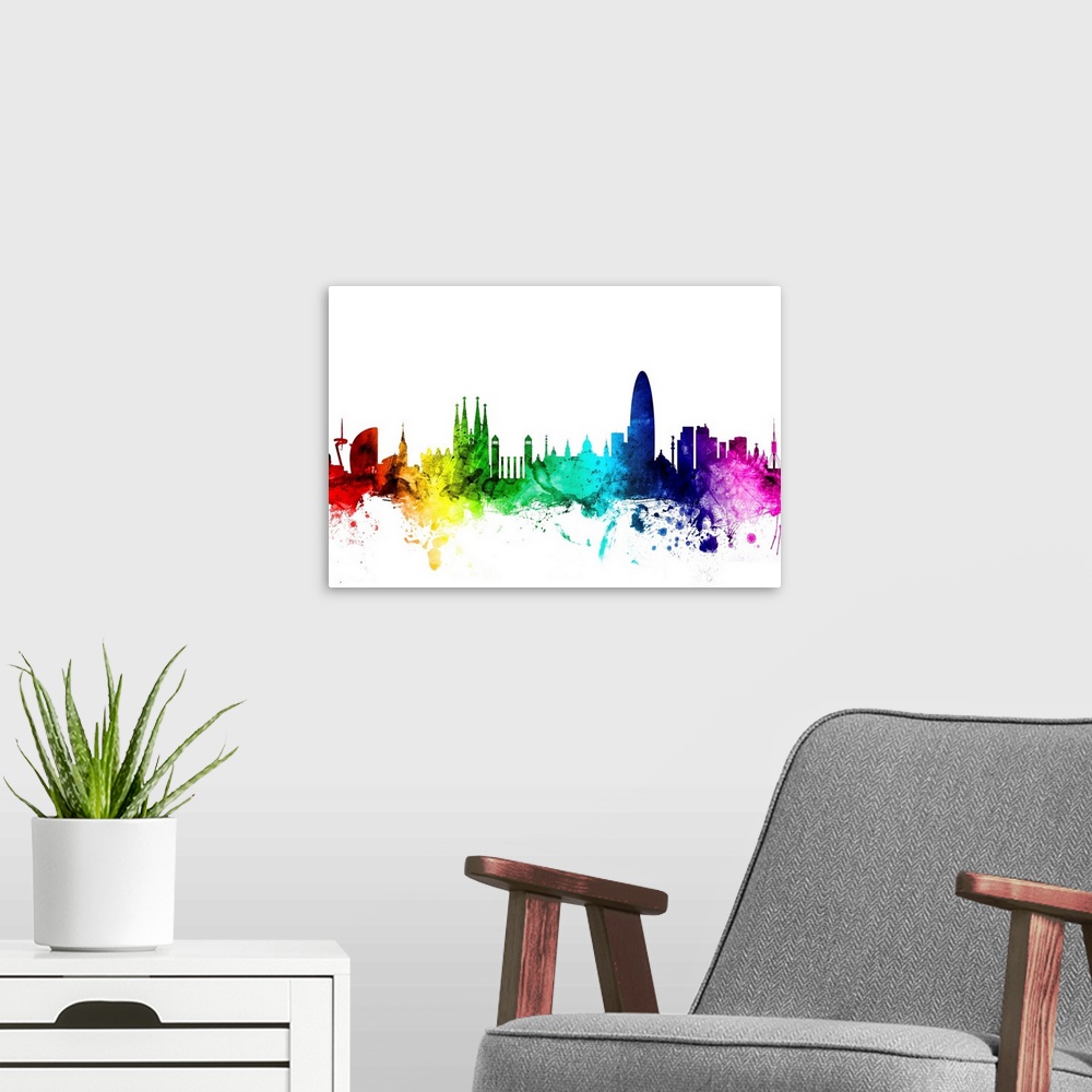 A modern room featuring Watercolor art print of the skyline of Barcelona, Spain.