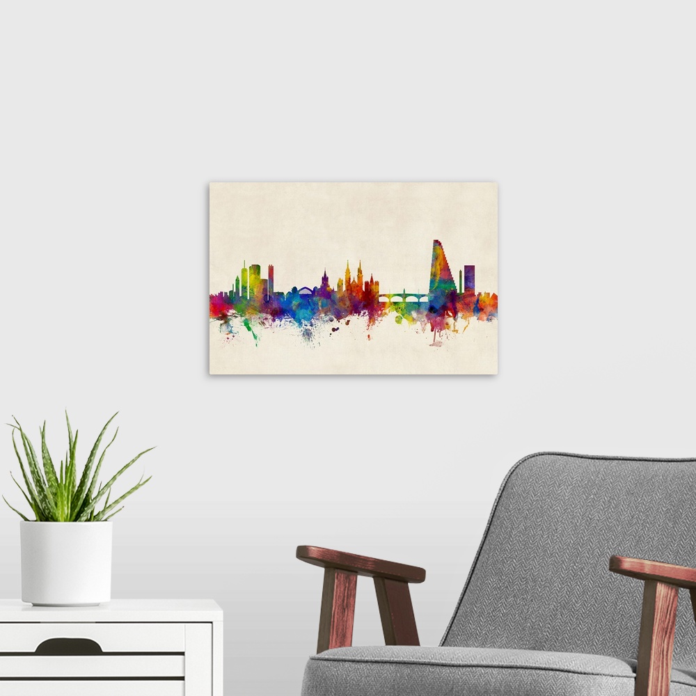 A modern room featuring Watercolor art print of the skyline of Basel, Switzerland