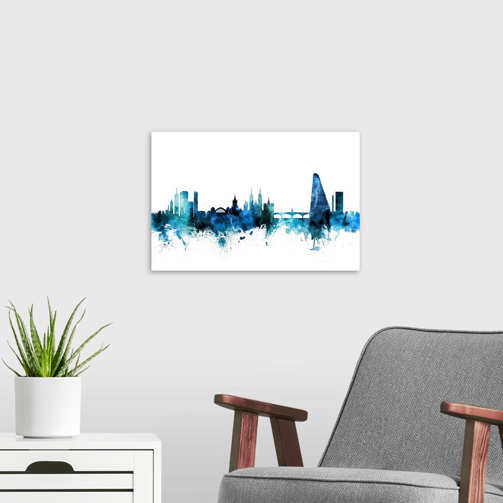 A modern room featuring Watercolor art print of the skyline of Basel, Switzerland.