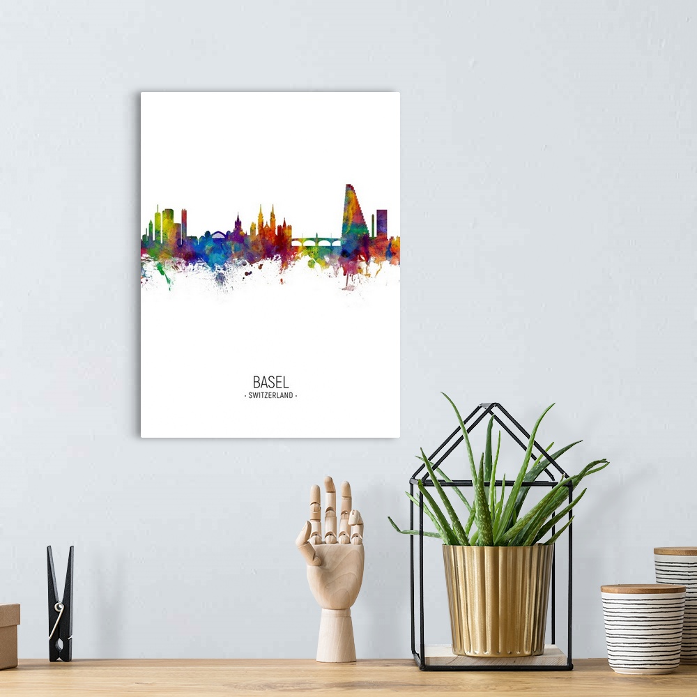 A bohemian room featuring Watercolor art print of the skyline of Basel, Switzerland