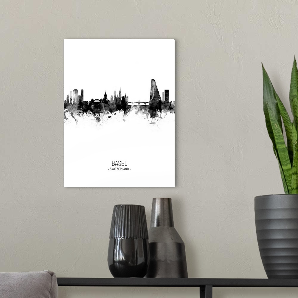 A modern room featuring Watercolor art print of the skyline of Basel, Switzerland