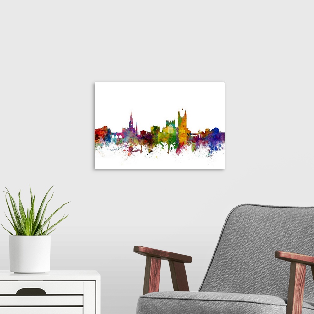 A modern room featuring Colorful watercolor splattered silhouetted of the Bath city skyline.