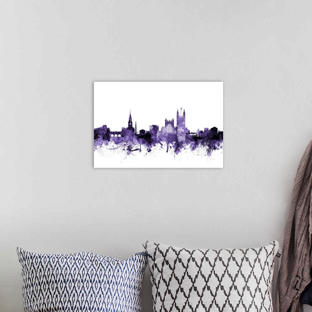 A bohemian room featuring Watercolor art print of the skyline of Bath, England