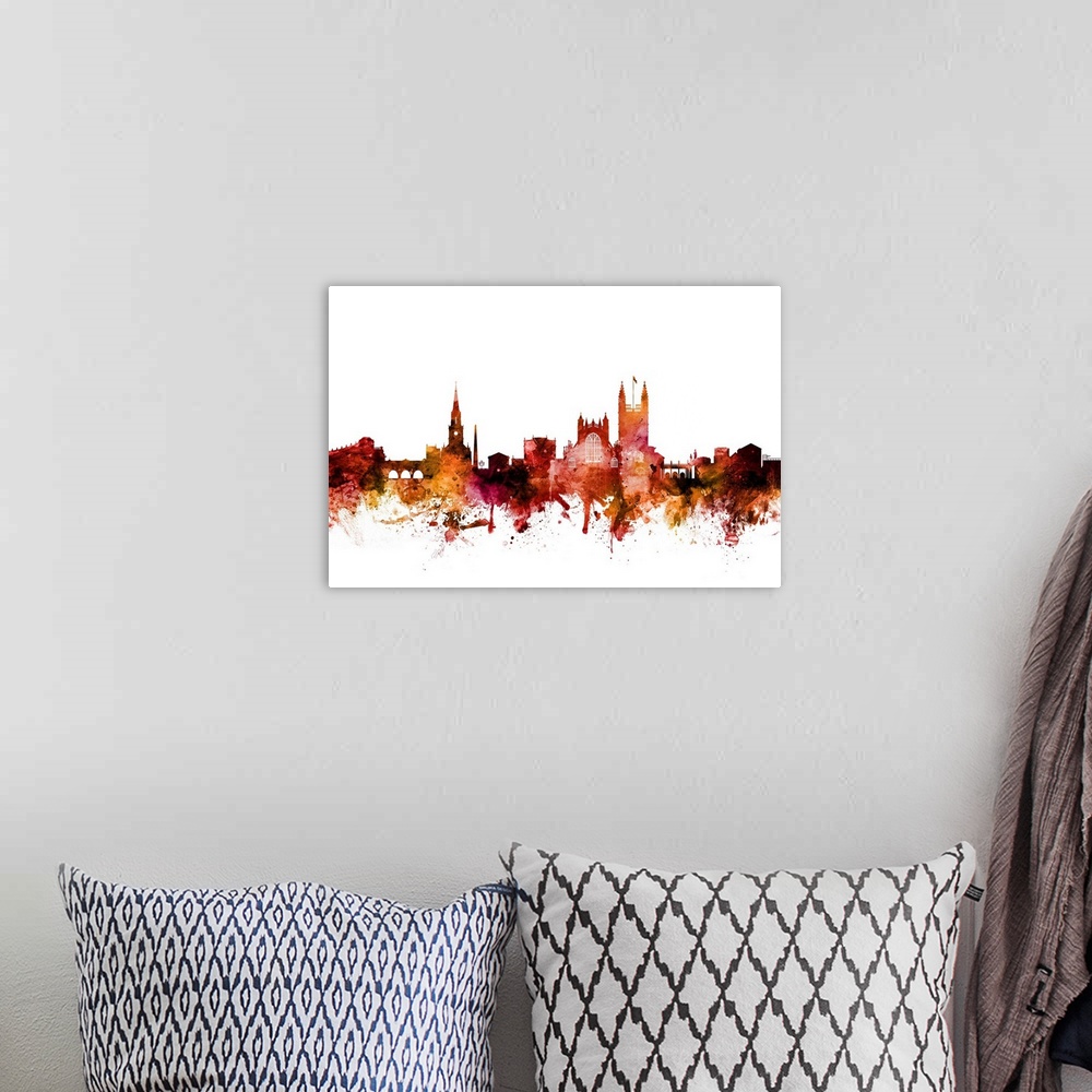 A bohemian room featuring Watercolor art print of the skyline of Bath, England.