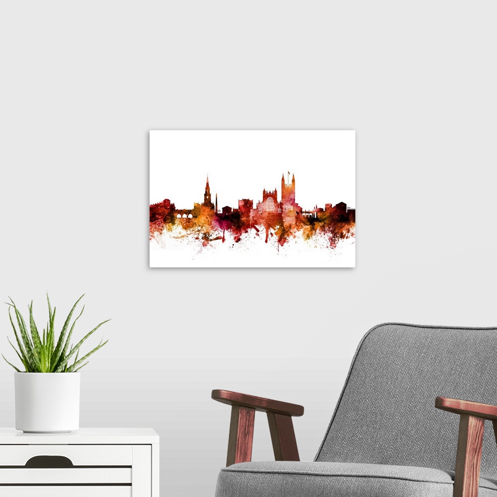 A modern room featuring Watercolor art print of the skyline of Bath, England.