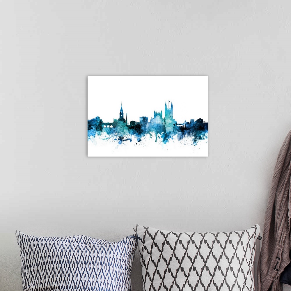 A bohemian room featuring Watercolor art print of the skyline of Bath, England.