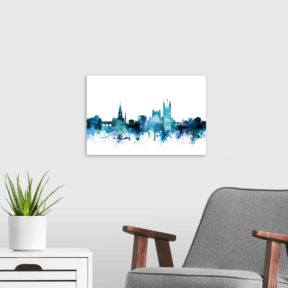 A modern room featuring Watercolor art print of the skyline of Bath, England.