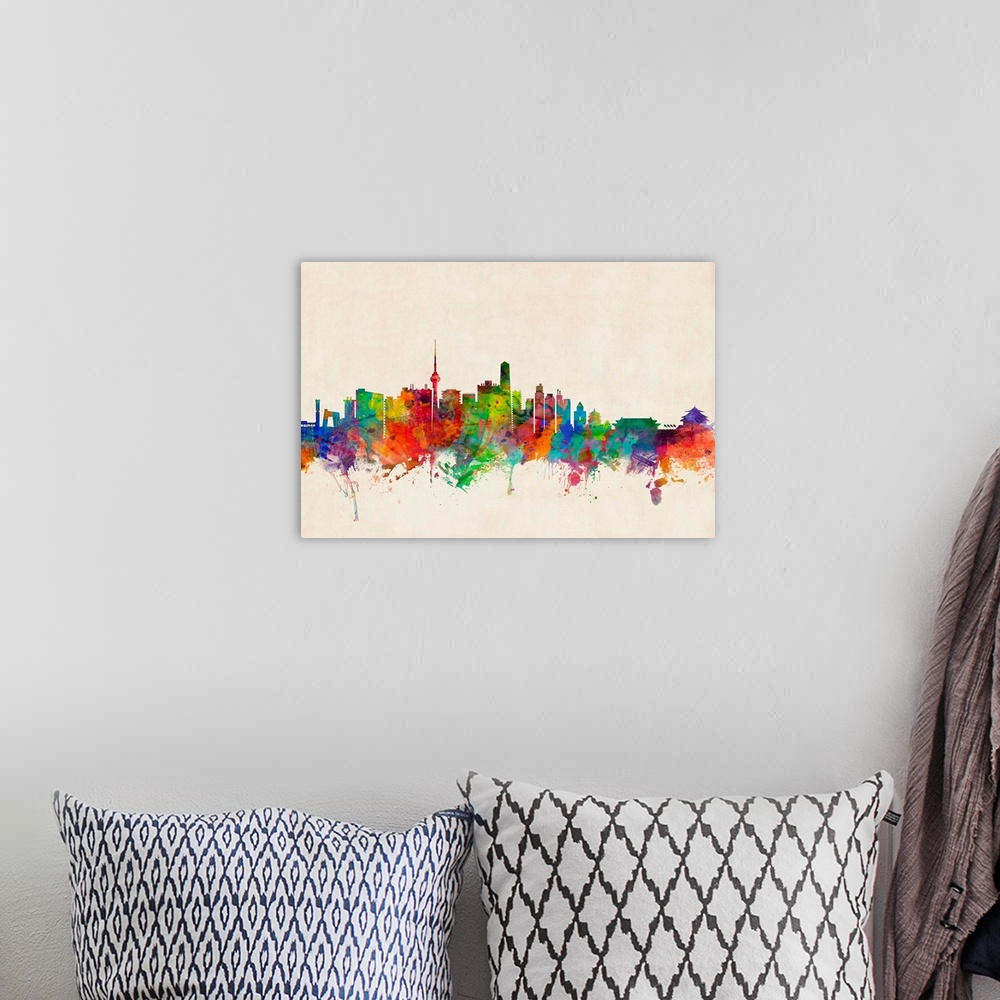 A bohemian room featuring Contemporary piece of artwork of the Beijing skyline made of colorful paint splashes.