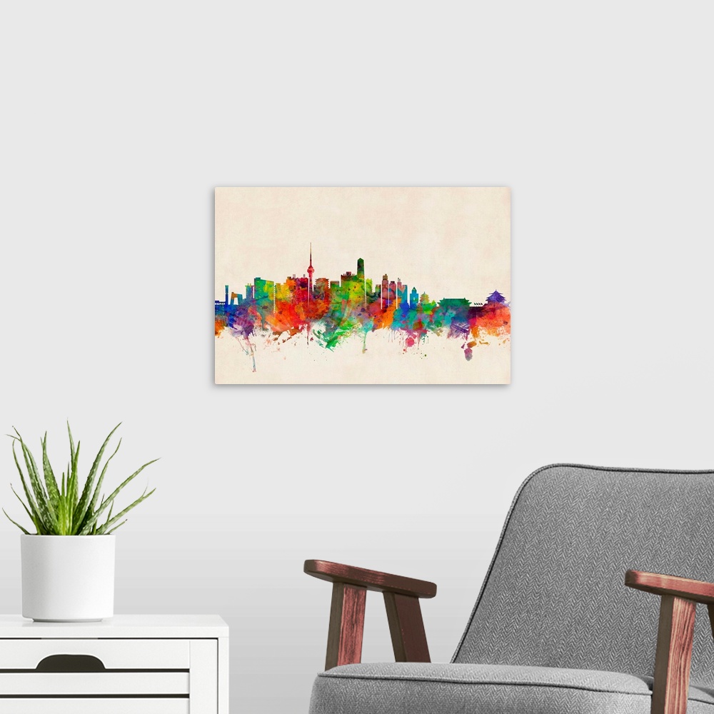 A modern room featuring Contemporary piece of artwork of the Beijing skyline made of colorful paint splashes.