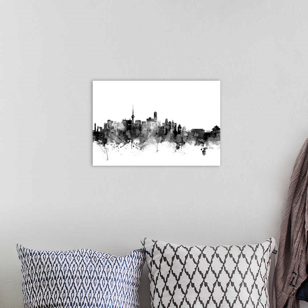 A bohemian room featuring Contemporary artwork of the Beijing city skyline in black watercolor paint splashes.