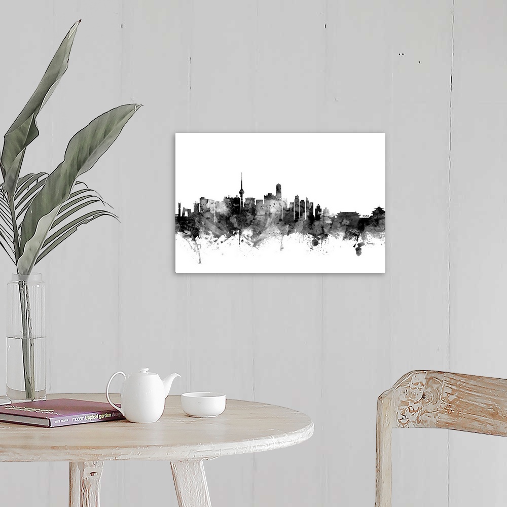 A farmhouse room featuring Contemporary artwork of the Beijing city skyline in black watercolor paint splashes.