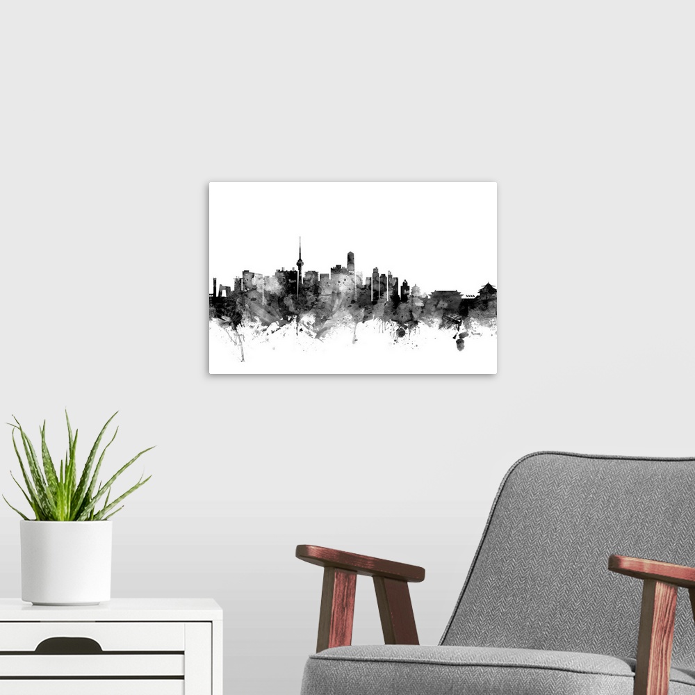 A modern room featuring Contemporary artwork of the Beijing city skyline in black watercolor paint splashes.