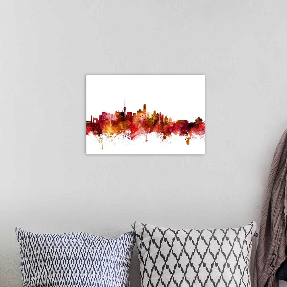 A bohemian room featuring Watercolor art print of the skyline of Beijing, China.
