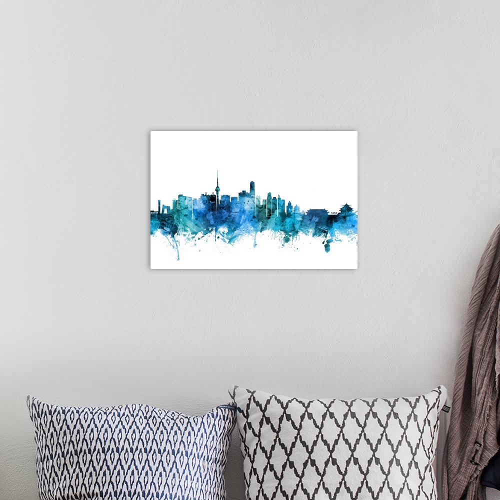 A bohemian room featuring Watercolor art print of the skyline of Beijing, China.