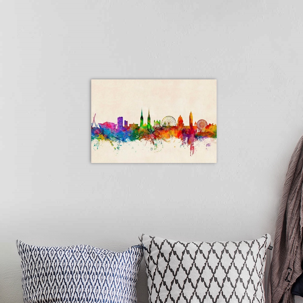 A bohemian room featuring Contemporary piece of artwork of the Belfast, Northern Ireland skyline made of colorful paint spl...