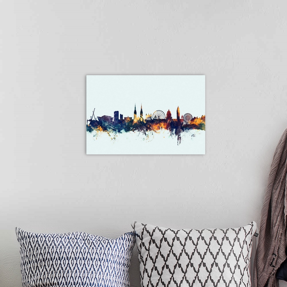 A bohemian room featuring Watercolor art print of the skyline of Belfast, Northern Ireland