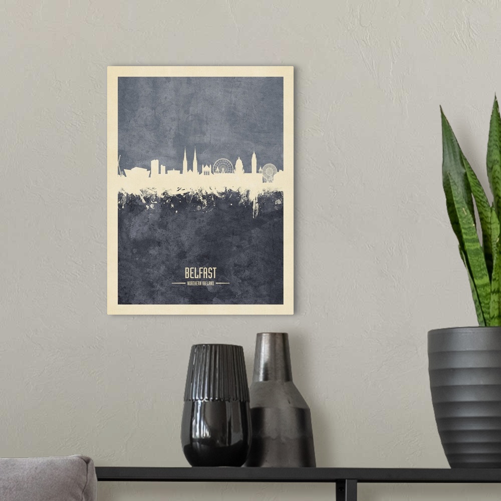 A modern room featuring Watercolor art print of the skyline of Belfast, Northern Ireland