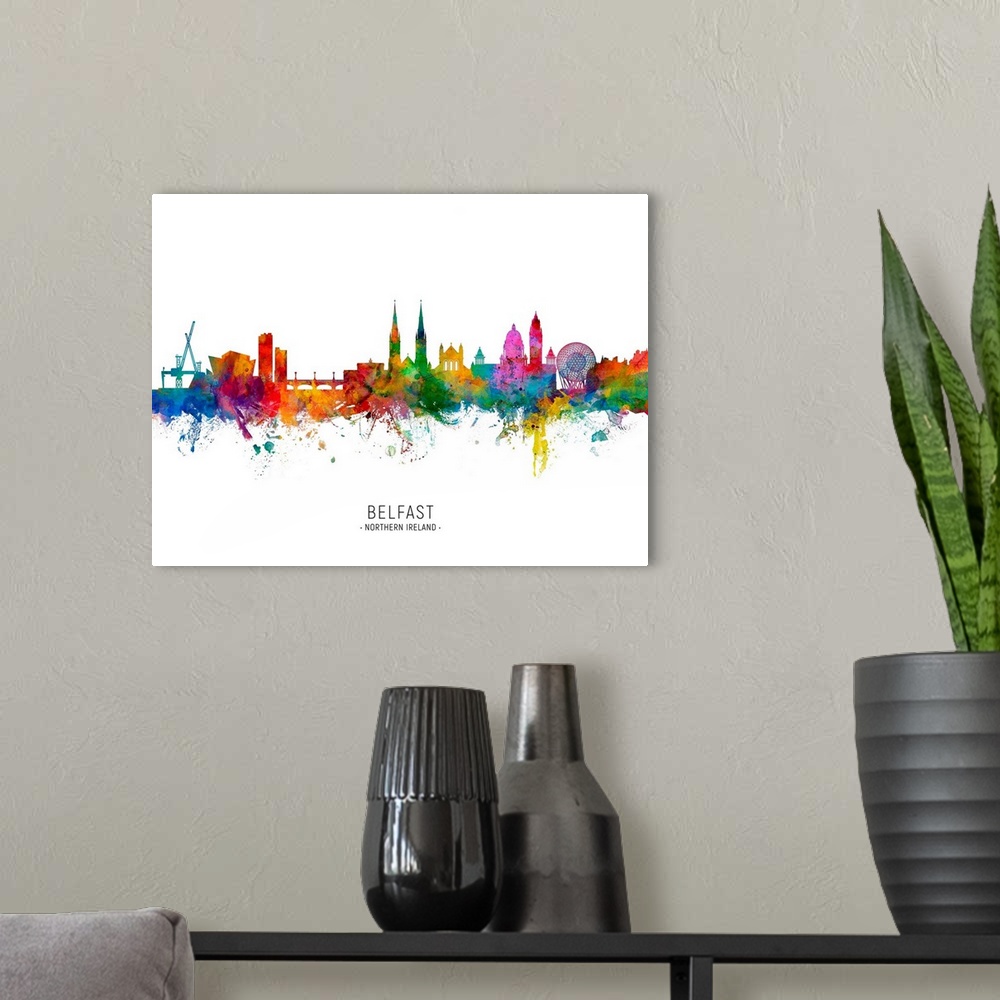 A modern room featuring Watercolor art print of the skyline of Belfast, Northern Ireland.
