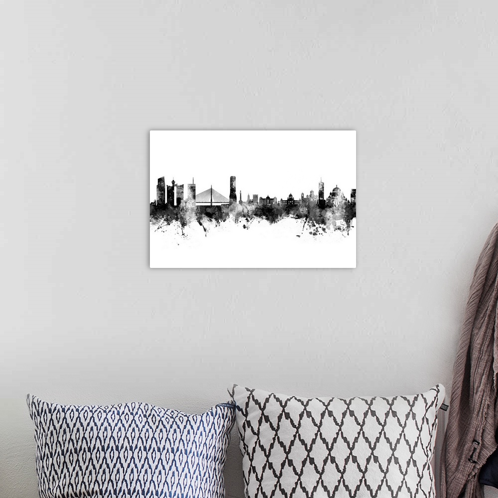 A bohemian room featuring Watercolor art print of the skyline of Belgrade, Serbia