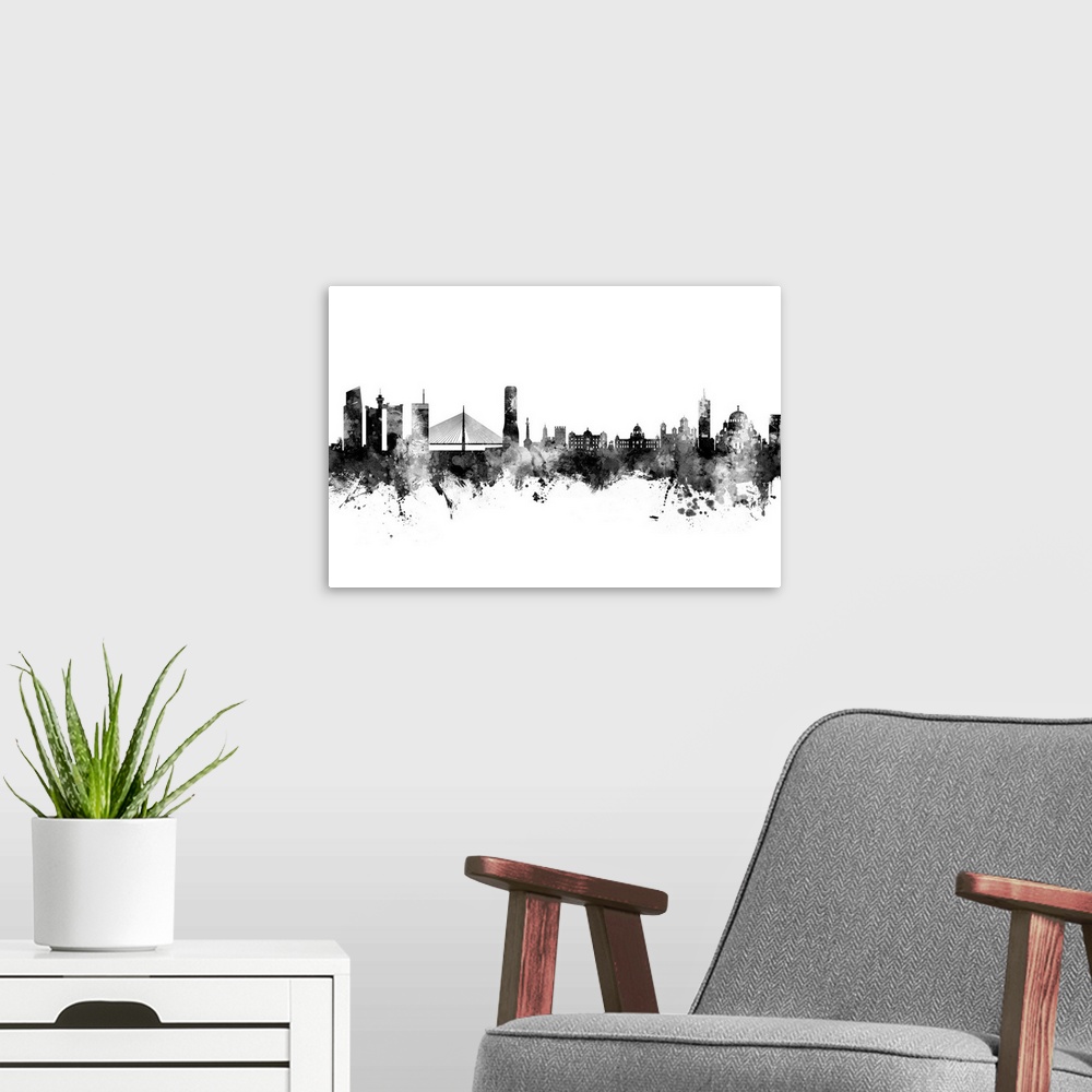 A modern room featuring Watercolor art print of the skyline of Belgrade, Serbia