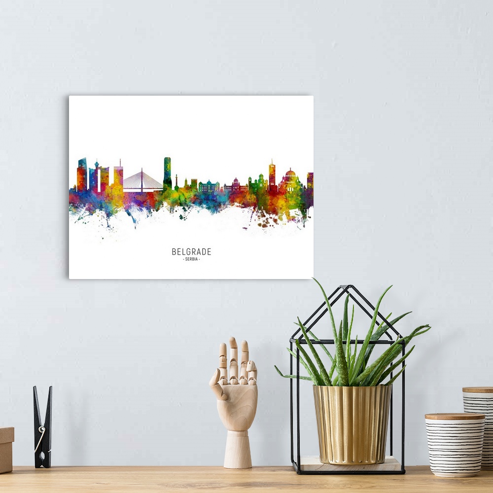A bohemian room featuring Watercolor art print of the skyline of Belgrade, Serbia