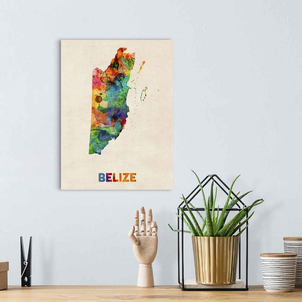 A bohemian room featuring Watercolor art map of the country Belize against a weathered beige background.