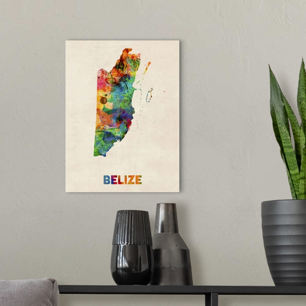 A modern room featuring Watercolor art map of the country Belize against a weathered beige background.