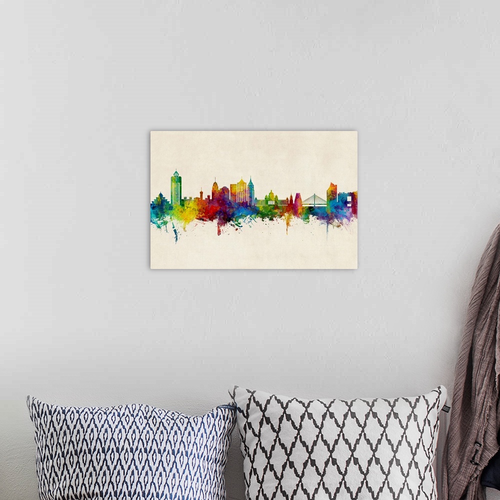 A bohemian room featuring Watercolor art print of the skyline of Bengaluru, India