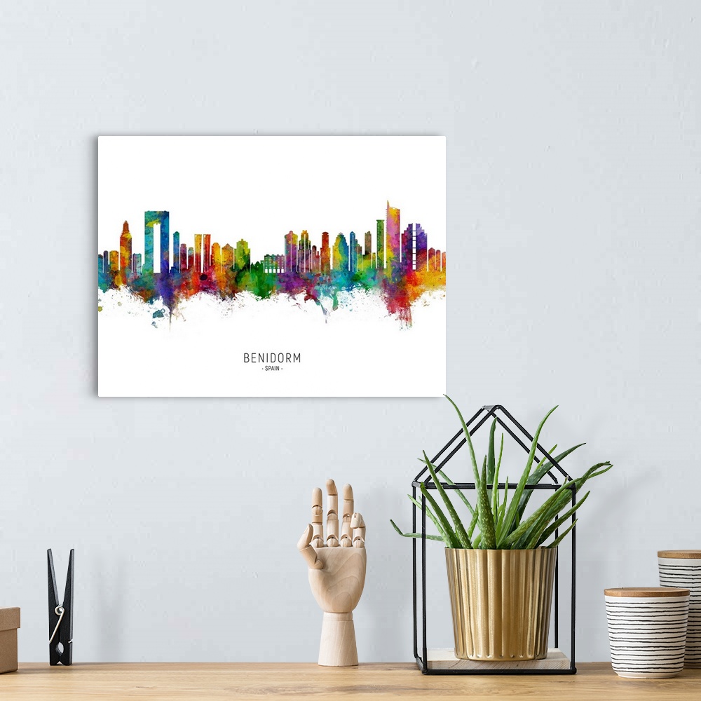 A bohemian room featuring Watercolor art print of the skyline of Benidorm, Spain