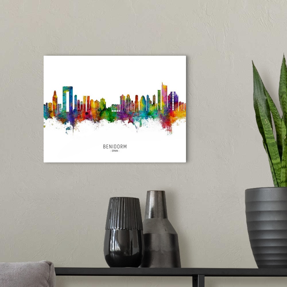 A modern room featuring Watercolor art print of the skyline of Benidorm, Spain