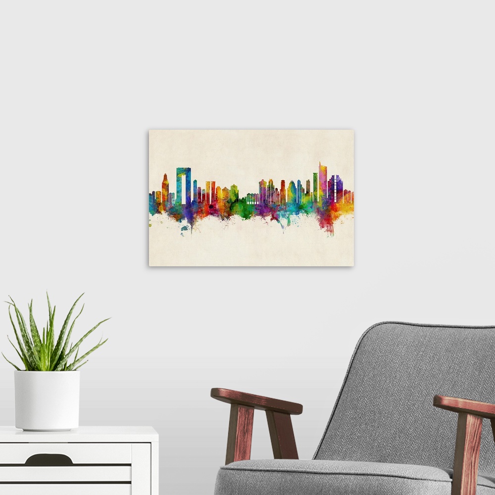 A modern room featuring Watercolor art print of the skyline of Benidorm, Spain