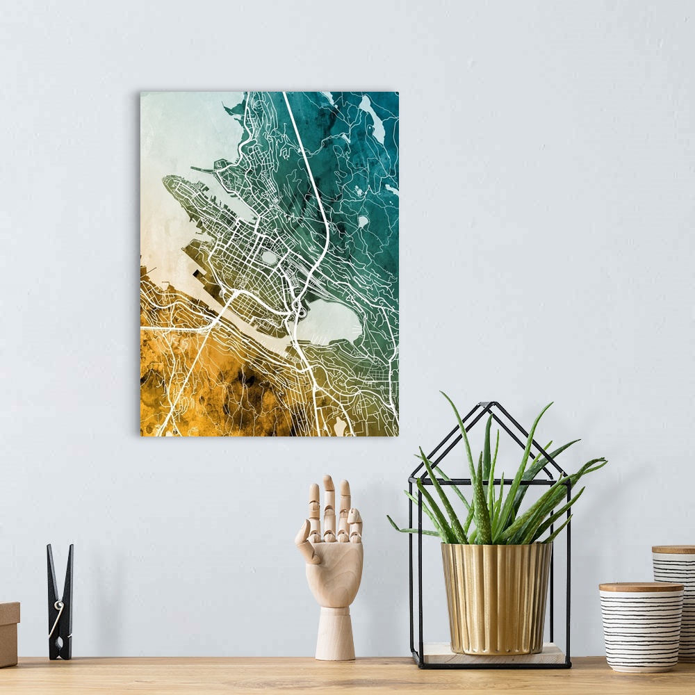 A bohemian room featuring Watercolor street map of Bergen, Norway.
