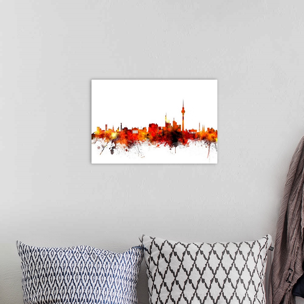 A bohemian room featuring Contemporary piece of artwork of the Berlin skyline made of colorful paint splashes.