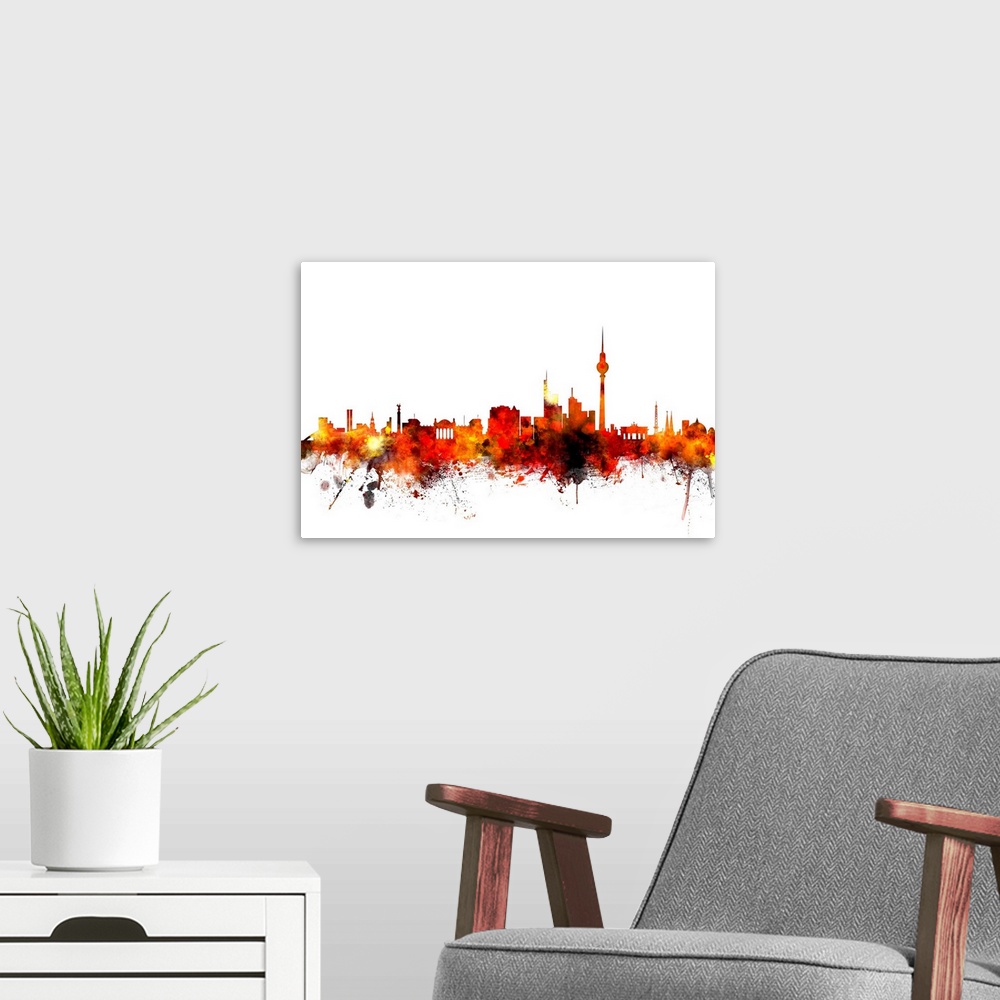 A modern room featuring Contemporary piece of artwork of the Berlin skyline made of colorful paint splashes.
