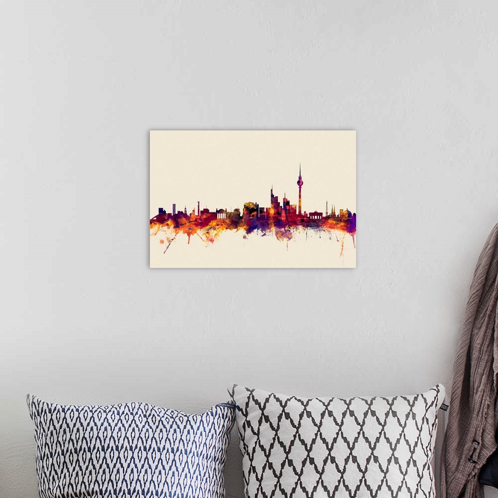 A bohemian room featuring Watercolor artwork of the Berlin skyline against a beige background.